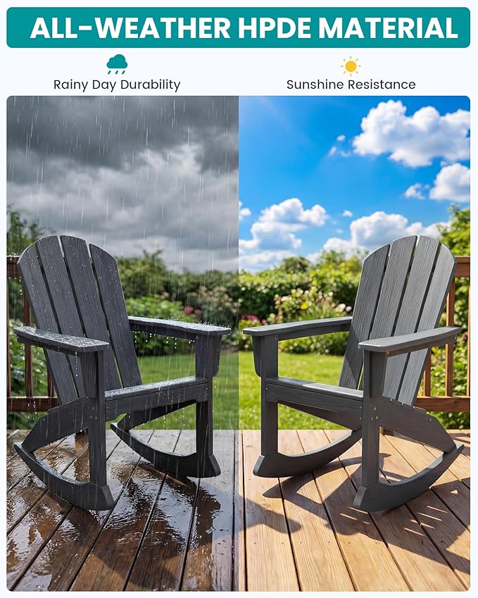 SERWALL Outdoor Adirondack Rocking Chairs Set of 6, All-Weather HDPE Adirondack Rocker Chair, Front Porch Rocker Chairs for Patio Lawn Porch Deck, Grey