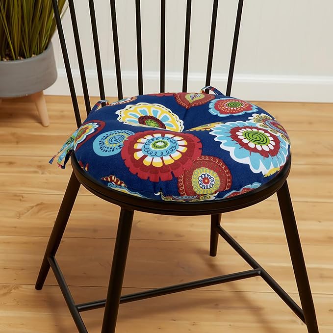 Magpie Fabrics Outdoor Round Bistro Seat Cushions with Ties, 15"x15"x4" Set of 2, Tufted Waterproof Barstool Chair Pads for Patio Home Garden Office, Floral Navy