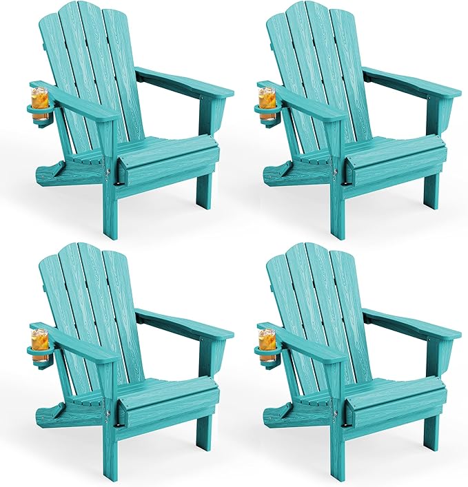KINGYES Folding Adirondack Chair Set of 4, HDPE All-Weather Patio Chairs with Cup Holder, Wooden Textured Fire Pit Chairs for Poolside, Backyard, Deck, Aruba