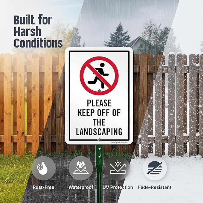 SmartSign 10 x 7 inch “Please Keep Off Of The Landscaping” LawnPuppy Yard Sign and 18 inch Stake Kit, 40 mil Laminated Rustproof Aluminum, Red, Black and White, Set of 1, Made in USA