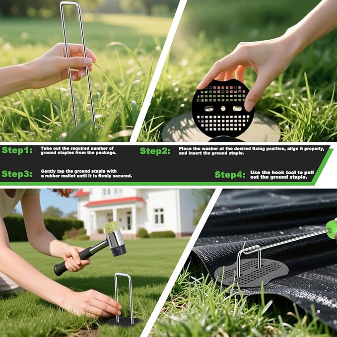 6 Inch Landscape Staples Set, 11 Gauge Galvanized U-Shaped Garden Stakes (100 Pack) with Gaskets, Hook Tool & Rubber Mallet for Weed Fabric & Landscaping