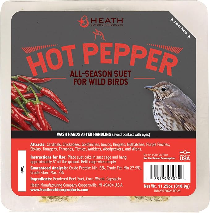 Heath Outdoor Products DD-25 Hot Pepper Suet Cake, Natural Blend Squirrel Repelling Capsaicin and All-Season Colorful Songbirds Attractant, 11.25-Ounce, 12 Pack