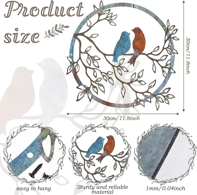 Ferraycle Metal Wall Art Bird on Tree Branch Silhouette Bird Art Decor for Living Room Garden Bedroom Office Home Wall Housewarming Party Decor(Retro Color)