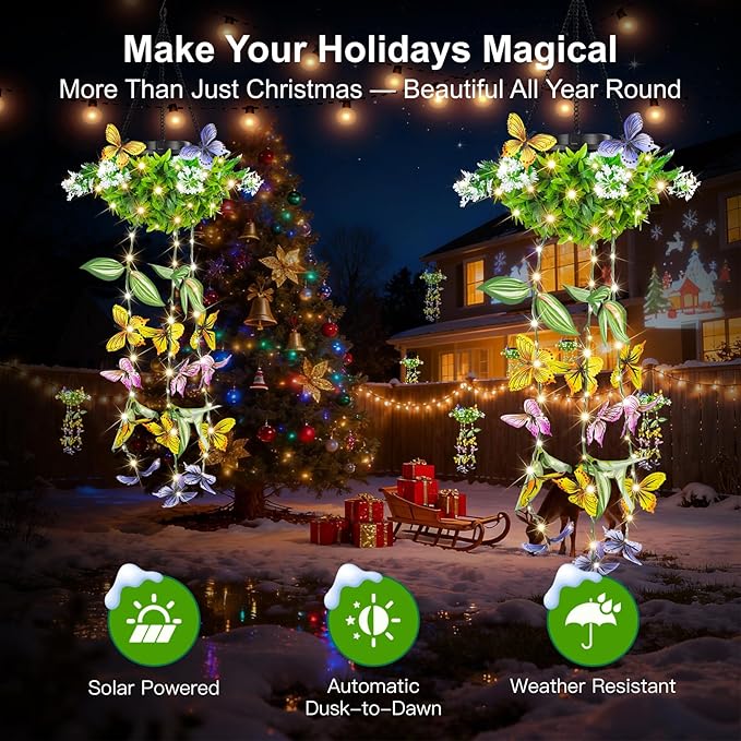 Colorful Solar Butterfly Lights for Garden, 2 Pack Hanging Lights with Fluttering Butterflies & Flowers, IP65 Waterproof Outdoor String Lights for Patio, Birthday & Kids Play Area
