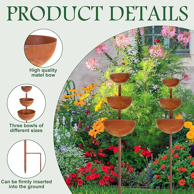LemonRoad 2 Pack Bee Watering Station 3 Tiered Bowl Shaped Butterfly Water Feeder Small Insects Bathing Stand Rusty Metal Water Catcher Garden Stakes for Outdoor Garden Decor
