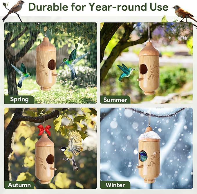 Hummingbird House, Wooden Hummingbird Houses for Outside Hanging, Nest Swinging, Wooden Bird Houses with Cotton, Bow, String, Gardening Gifts Decoration (1 Pack)