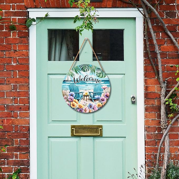 Welcome Spring Summer Sea Chair Door Sign For Front Door Decor,Coastal Beach Palm Leaf Flowers Wooden Sign 12"x 12" Round Summer Hanging Door Sign Decoration for Wall Rustic Decor