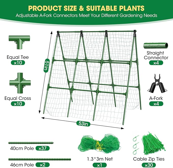 51x53 Inch Cucumber Trellis for Raised Bed,Foldable A-Frame Garden Trellis for Climbing Plants Outdoor with Climbing Net,Plastic-Coated Steel Core,for Cucumber Beans and Vine Type Plants ﻿