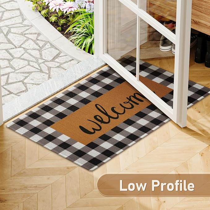 UINI Welcome Mat Outdoor Indoor Door Mats, Heavy Duty Buffalo Plaid Welcome Front Door Mat, Non Slip Durable Entrance Rugs for Outside Entry, Porch, Resist Dirt, 17"x 30"