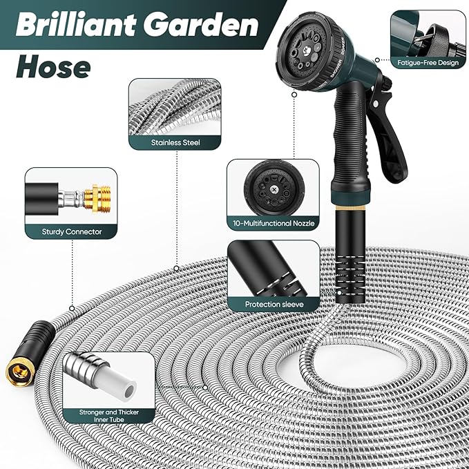Garden Hose with 10-Function Nozzle, Leak-proof Metal Connector Hose, No Knots, Kink-Free Hoses, Lighter, Anti-Pets, Wear-Resistant, 3/4 GHT, Water Hose for Garden, Yard, Outdoor（50 FT）
