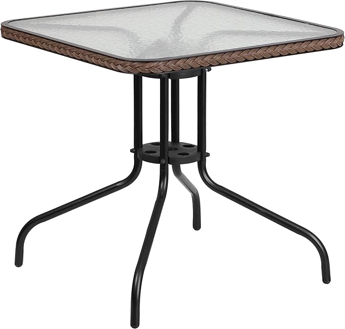 Flash Furniture Lila 3-Piece 28" Square Indoor/Outdoor Patio Table and Chairs Set, Glass Metal Bistro Table and 2 Stacking Rattan Chairs, Brown