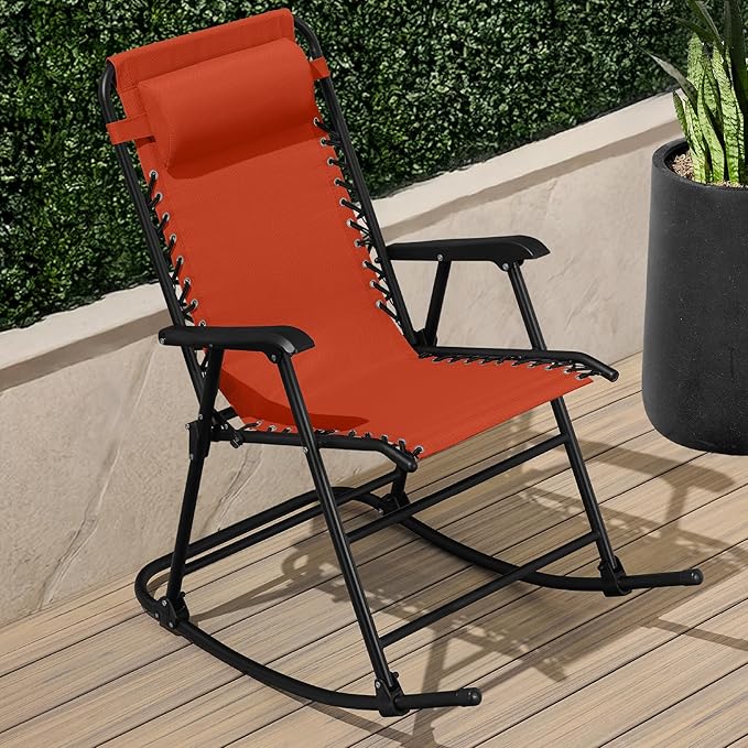 Best Choice Products Outdoor Folding Rocking Chair, Zero Gravity Lounge Chair, Patio Rocker w/Headrest Pillow - Burnt Orange
