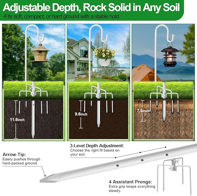 Bird Feeder Pole with Shepherd’S Hook - 78" Heavy Duty Hummingbird Stand with 5-Prong,Rustproof Bird Feeder Hangers for Outside Hanging Birdfeeders, Wind Chimes, Lanterns, Solar Lights - White