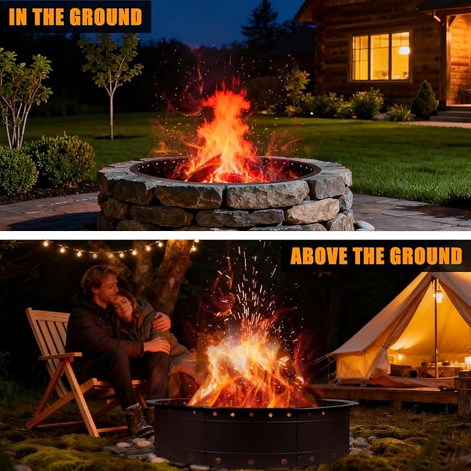 36 Inch Fire Pit Ring, Large Outdoor Campfire Pit for Patio Backyard Garden, Smokeless Steel Firepit with Air Vent for Efficient Burning & Anti-Rust Coating, Brown Steel