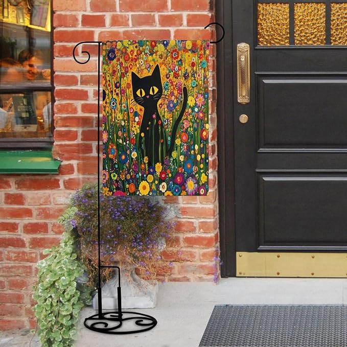 Wild Flowers Floral Leaf Botanical Plants Welcome Garden Flag 12x18 Double Sided for Outside Cute Black Cat in The Flower Garden Farmhouse Flags Yard Flag Seasonal Yard Decoration