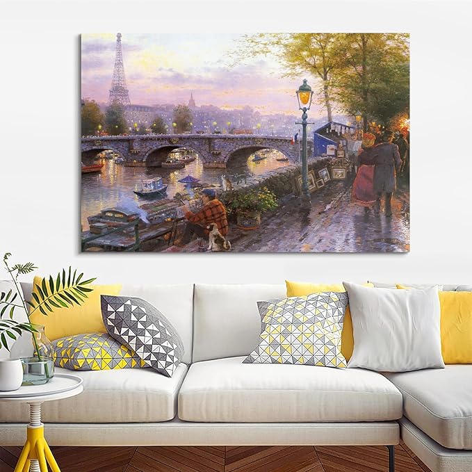 STUDIO HAVEN Thomas Kinkade Canvas Wall Art, Paris Riverbank Eiffel Tower Painter Dog Art Stall Seine River at Dusk Oil Painting Poster Cityscape Wall Decor, Framed Prints for Home Decor, 16x12Inch