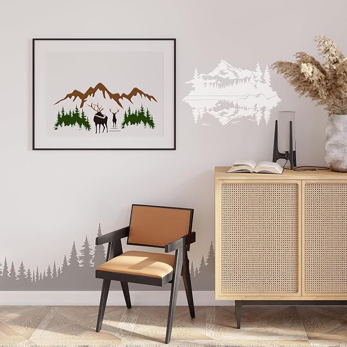 Forest Stencils for Painting on Wood - Reusable Reindeer Mountain Scenery Stencils for Crafts Decorating Wall Fence Door Garden Fabric