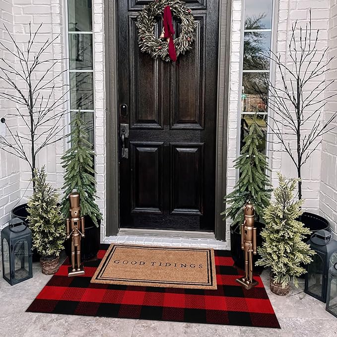 Christmas Door Mat Outdoor 27.5"x43" Buffalo Plaid Christmas Decor Rug Cotton Hand-Woven Layered Door Mats Washable Carpet for Front Porch, Kitchen, Farmhouse, Entryway
