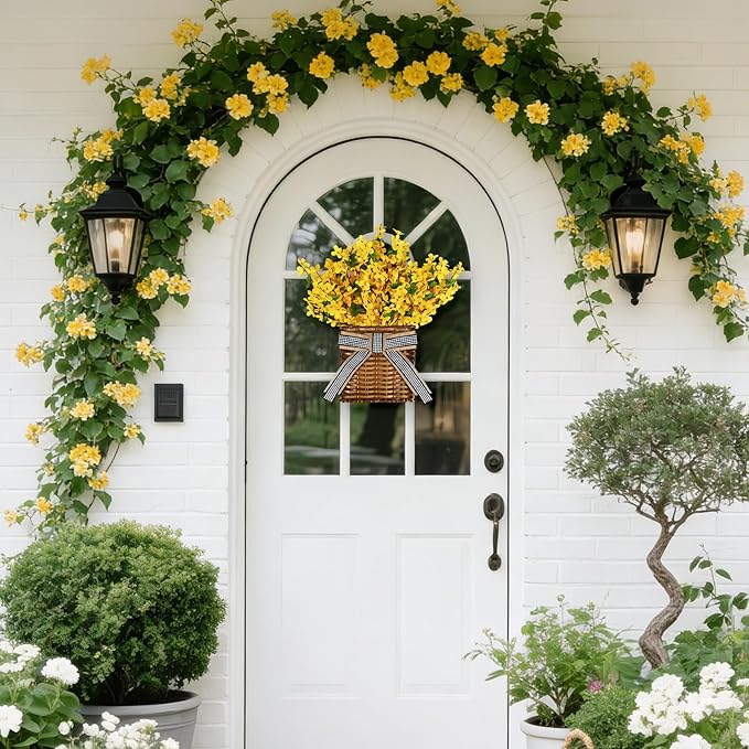 Yellow Forsythia Wreath Spring Door Hanger Basket Wreath, Artificial Spring Summer Flowers Wreathes with Green Leaves for Front Door Indoors Outdoor Decor Rustic and Farmhouse Yellow Wreathes