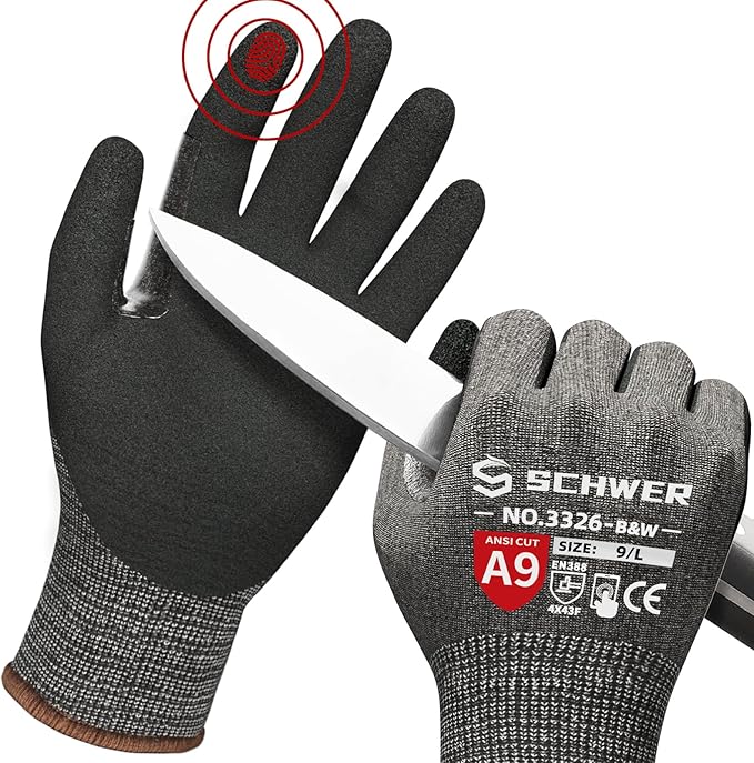 Schwer ProGuard Highest Level Cut Resistant Work Gloves PR3326 for Extreme Protection，ANSI A9 Cut Gloves with Reinforced Thumb, Non Slip, Breathable, Durable, Touch-screen, Non PFAS, Black 1 Pair（S）