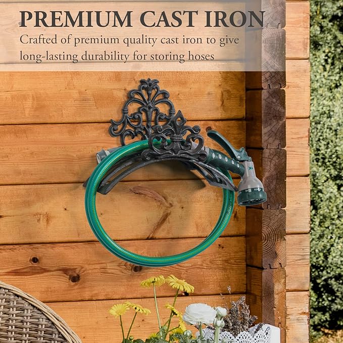 MyGift Wall Mounted Garden Hose Holder, Decorative Vintage French Floral Scrollwork hose Reel Hanger, Dark Coffee Cast Iron Water Hose Storage Rack