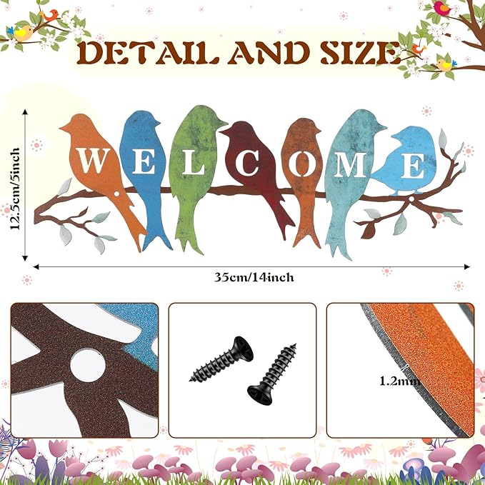 Peryiter Bird Wall Art Birds on Branch Welcome Sign Hanging Outdoor Metal Wall Decor Welcome Signs for Porch Vivid Statue Welcome Wall Decor Tree Silhouette for Bedroom Garden(Rustic Colors)
