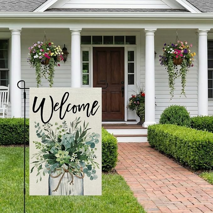 CROWNED BEAUTY Spring Eucalyptus Mason Jar Garden Flag 12x18 Inch Double Sided for Outside Welcome Burlap Small Yard Flag Green