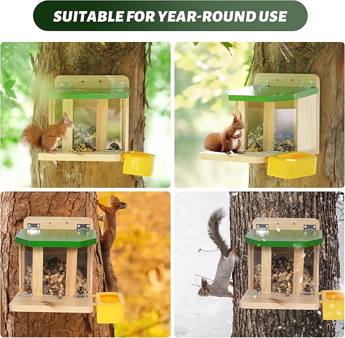 MIXXIDEA Wooden Squirrel Feeders for Outside with Water Bowl, Large Capacity, Sturdy Squirrel Feeder House with Thick Wood, No Assembly Required, for Backyard Outside Garden (Green)