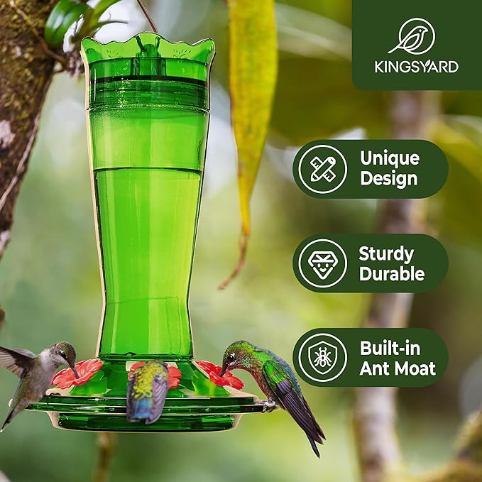 Kingsyard Glass Hummingbird Feeder for Outdoors Hanging - 6 Bee Guard Feeding Ports & Built-in Ant Moat, Wild Bird Feeder for Outside Garden Yard Patio 14 Oz, Green