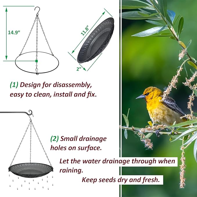 Premium Hanging Bird Feeder Tray,Size 11.8” Large Platform Bird Feeder Stainless Steel Mesh Tray,Wild Bird Feeder for Outside Hanging Seed Platform