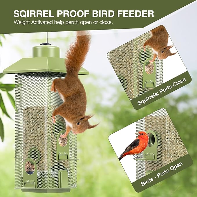 Bird Feeders for Outdoors Squirrel Proof with Weight Activated Perches, Metal Mesh Bird Feeder Hanging Wild Bird Feeder,2.2lbs Seed Capacity for Finch Cardinal Chickadee Sparrow...