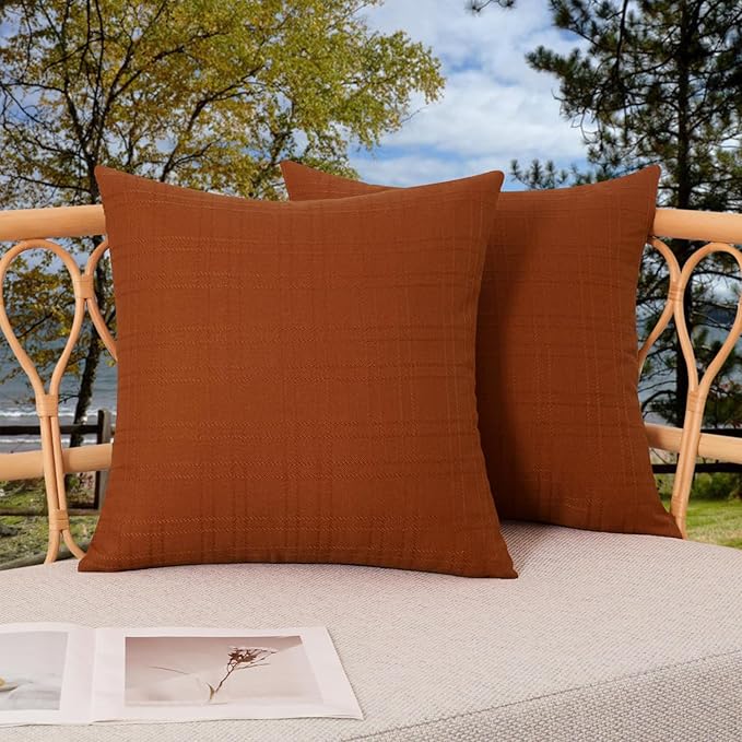Kevin Textile Pack of 2 Outdoor Waterproof Pillow Covers Checkered Decorative Cushions Sham Throw Pillowcases Shell for Patio Tent Garden Couch Bed Sofa 22x22 Inch Burnt Orange