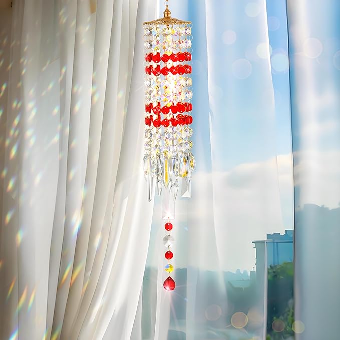 Crystal Wind Chimes for Outside with Rainbow Light Reflections Glass Bells and Rose Gold Alloy Hooks Indoor Outdoor Decor for Home Garden Patio Porch Birthday House Warming (Red)