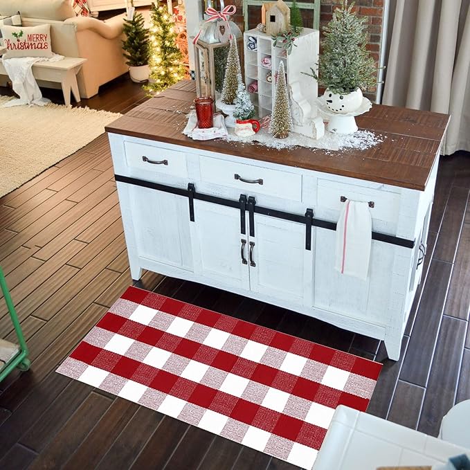 Christmas Door Mat Outdoor 24"x51"Buffalo Plaid Christmas Decor Rug Cotton Hand-Woven Layered Door Mats Washable Carpet for Front Porch, Kitchen, Farmhouse, Entryway,Bedroom