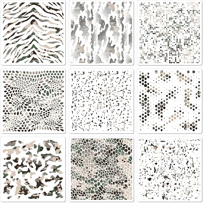9 Pieces Camo Stencils for Spray Paint, Camouflage Pattern Stencils Templates Reusable Digital Camo Paint Stencils for Boat DIY Crafts Spray Painta (11.8 × 11.8 in Camo)