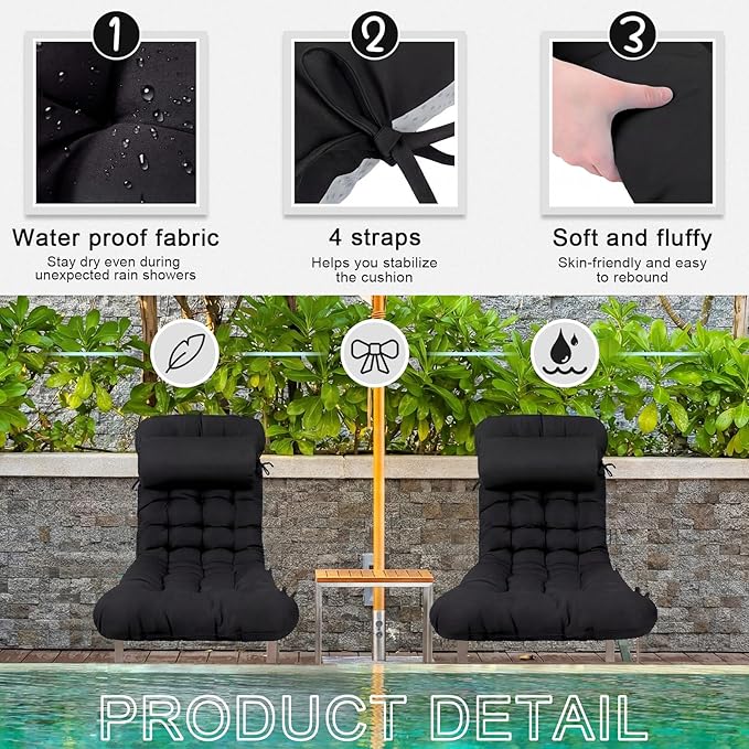 Tudomro 2 Pcs Black 66'' Outdoor Chaise Lounge Cushion Waterproof Patio Lawn Pool Chaise Lounge Cushion with Headrest Pillow & Ties Weather Fade Resistant Replacement Longue Chair Pad