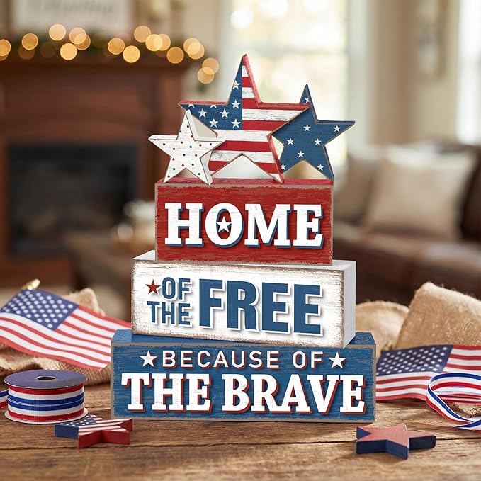 4 Pcs 4th of July Patriotic Table Decor Flag Star Wooden Sign Home of the Free Because of the Brave Block Red White Blue Tiered Tray Decor Rustic Tabletop Centerpiece for Home Desk Shelf Mantel