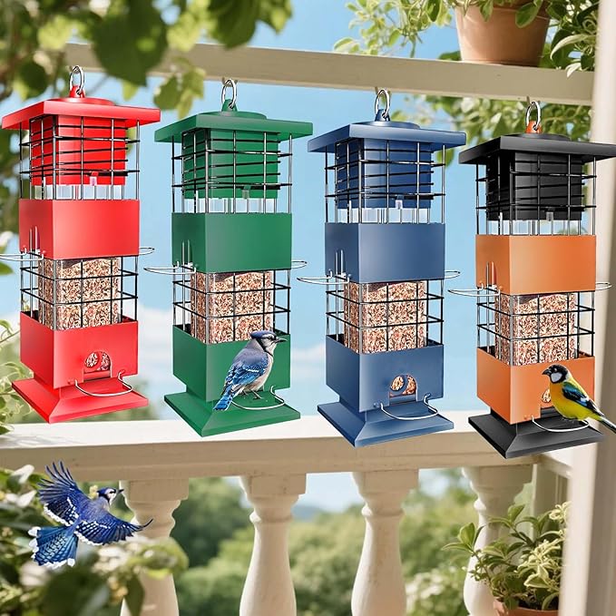 Squirrel Proof Bird Feeder,3Lbs Metal Birdfeeders Squirrel Proof with 4 Feeding Ports for Outside, Birds Seed Feeder for Outdoors, Cardinal, Finch, Sparrow (Brown)