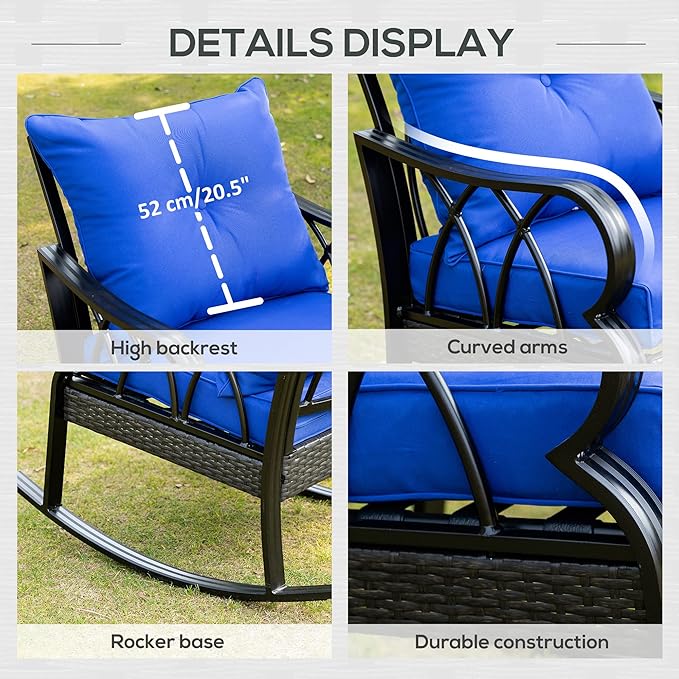 Outsunny Outdoor Wicker Rocking Chair with Padded Cushions, Aluminum Furniture Rattan Porch Rocker Chair w/Armrest for Garden, Patio, and Backyard, Blue
