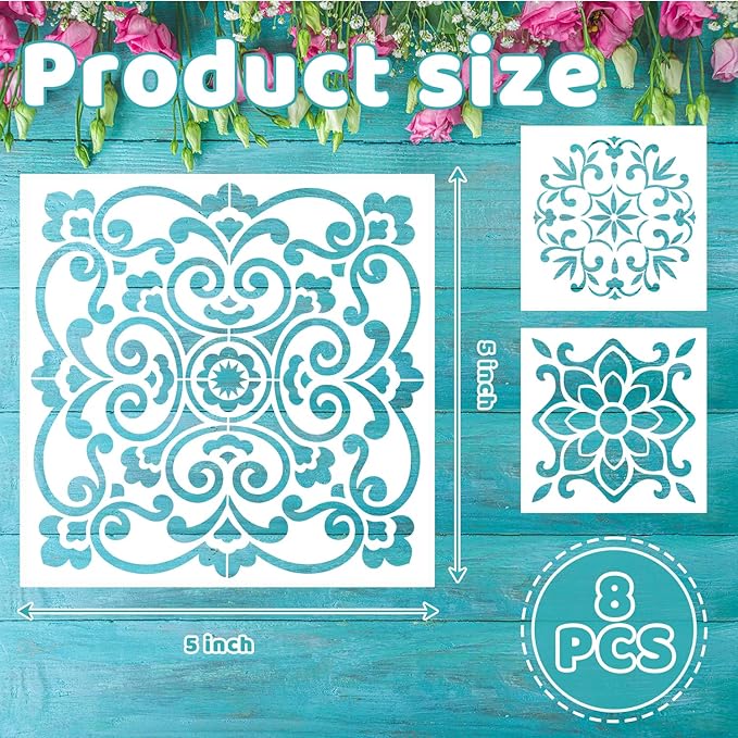 8 PCS Reusable Stencils, Mandala Templates for Painting on Fabric Furniture Wood Floor Wall Tile DIY Art Scrapbook Home Decoration, 5 x 5 Inch