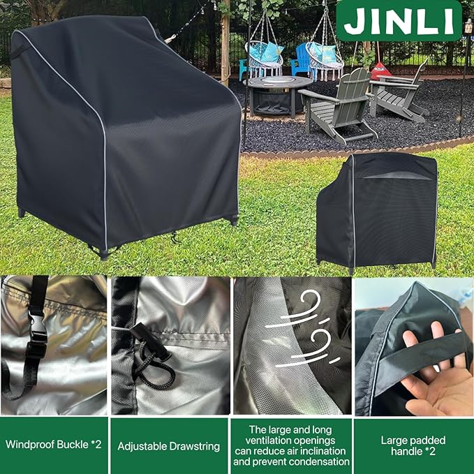 JINLI Waterproof Patio Adirondack Chair Cover 1-Piece Set, Lawn/Garden Outdoor Furniture Cover, Suitable for Maximum Chair Size 32 inches Wide x 35 inches deep x 36 inches high (Black)