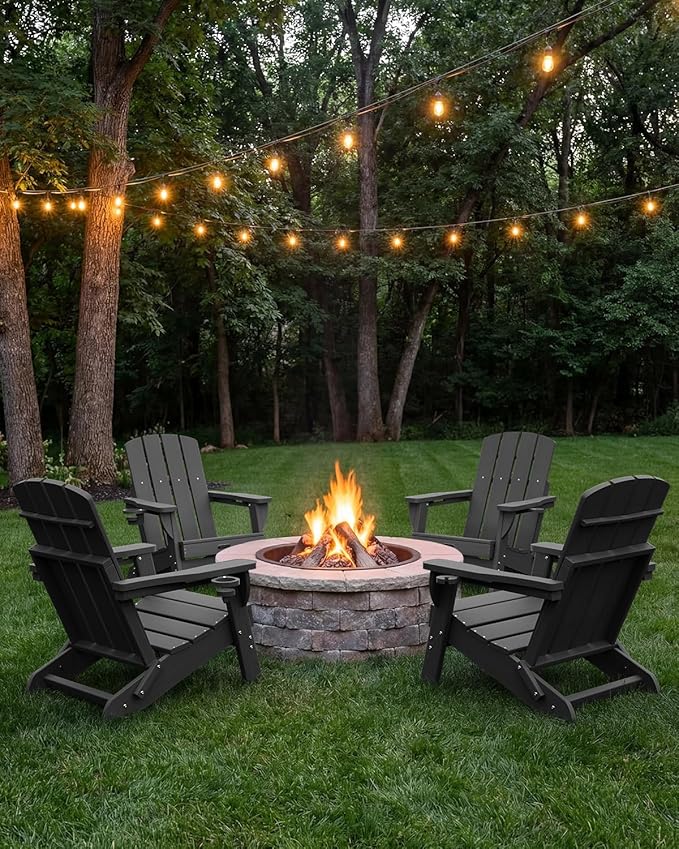 Folding Adirondack Chair 4 Pack, HDPE All-Weather Fire Pit Chairs, Plastic Adirondack Chairs with 2 Cup Holder, Outdoor Lawn Chair for Patio Garden (Black)