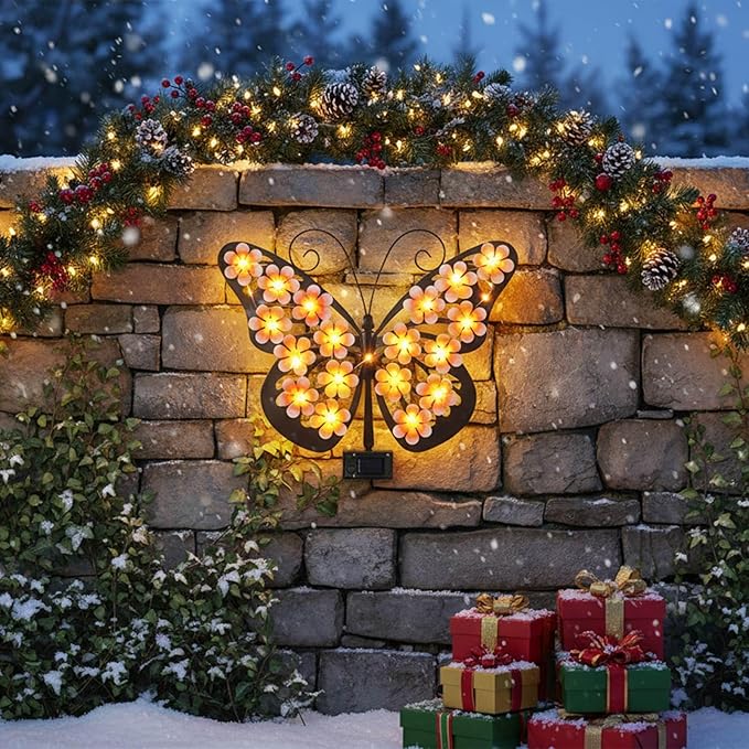 Solar Lights Outdoor Metal Butterfly Wall Decor with 30 Led - 13.5" Outdoor Fence Wall Art,Hanging Decoration for Garden Patio Porch Yard,Gifts for Women，Xmas Gifts for Mom Grandma