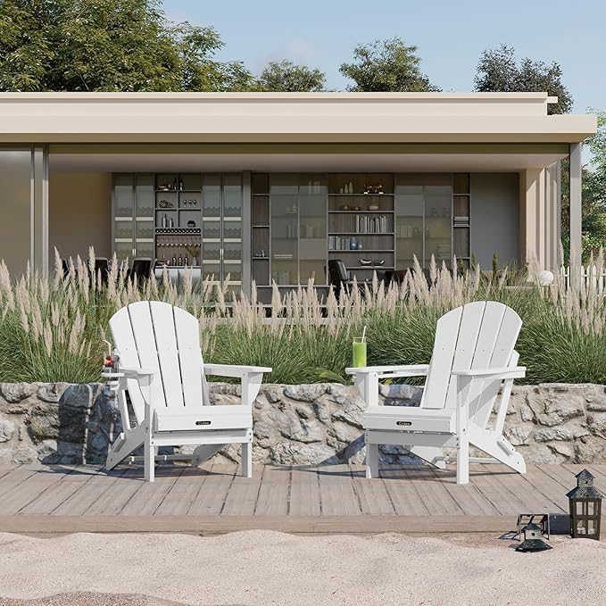 Ciokea Folding Adirondack Chair 2 Pack, Patio Adirondack Chair Weather Resistant, Plastic Fire Pit Chair with Cup Holder, Lawn Chair for Outdoor Porch Garden Backyard Deck (White)