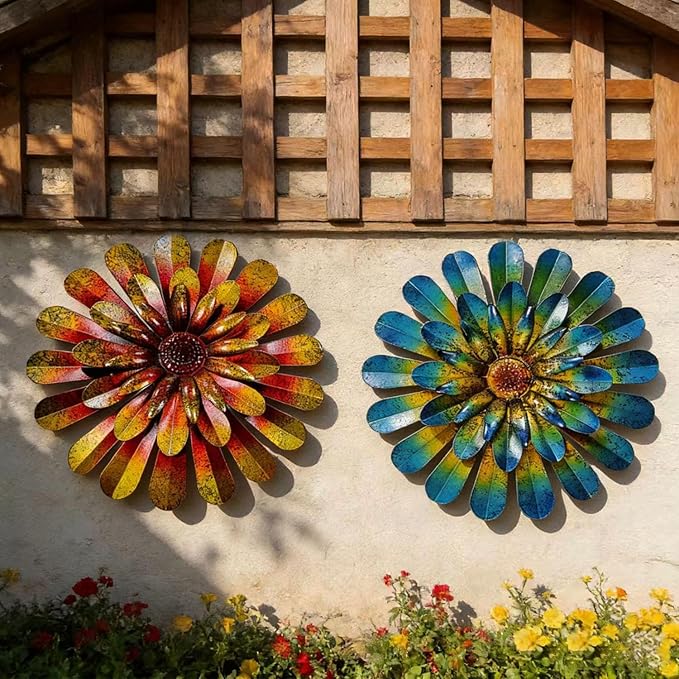 HOOEN 2pack Metal Flowers Wall Decor Wall Art Decorations Hanging For Indoor Outdoor Home Garden Farmhouse Yard Patio Fence Living Room Bedroom Decor