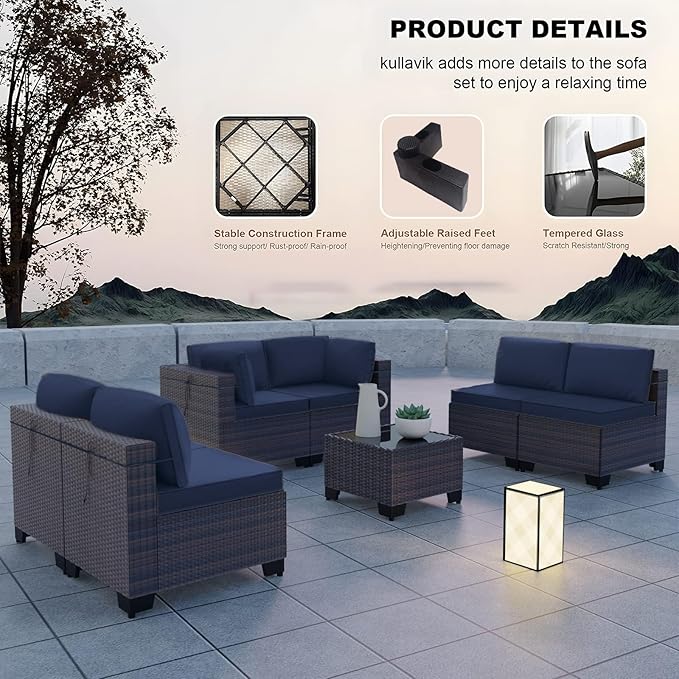Kullavik 7 Pieces Outdoor Patio Furniture Set,Wicker Outdoor Sectional Sofa,All-Weather Patio Conversation Sets with Washable Thick Cushions & Coffee Table for Garden,Backyard,Balcony,Porch,Navy Blue