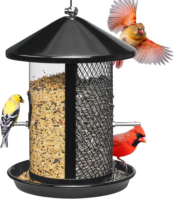 Kingsyard Metal Bird Feeder for Outdoor Hanging - Chew Proof Wild Bird Finch Cardinal Feeder with Dual Chamber of 4 lbs Capacity for Bluebird, Black