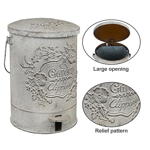 Z&Z ornamentorum Outdoor Small Trash Can with Lid Dog Poop Trash Can Outside for Kitchen Park Garden and Pedal Round Touchless Garbage with Flower and Bird Patterns Gray