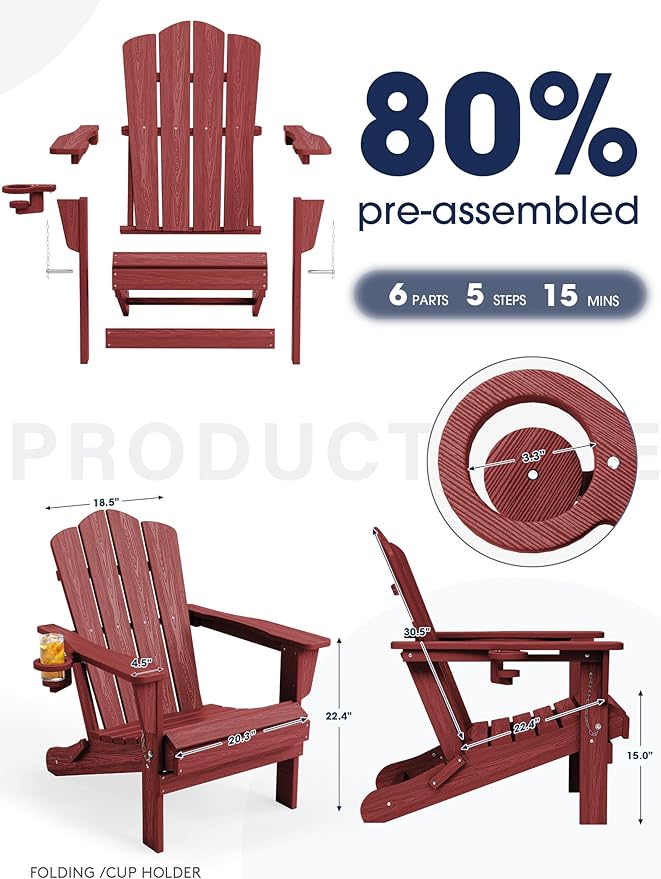 KINGYES Folding Adirondack Chair Set of 4, HDPE All-Weather Patio Chairs with Cup Holder, Wooden Textured Fire Pit Chairs for Poolside, Backyard, Deck, Red