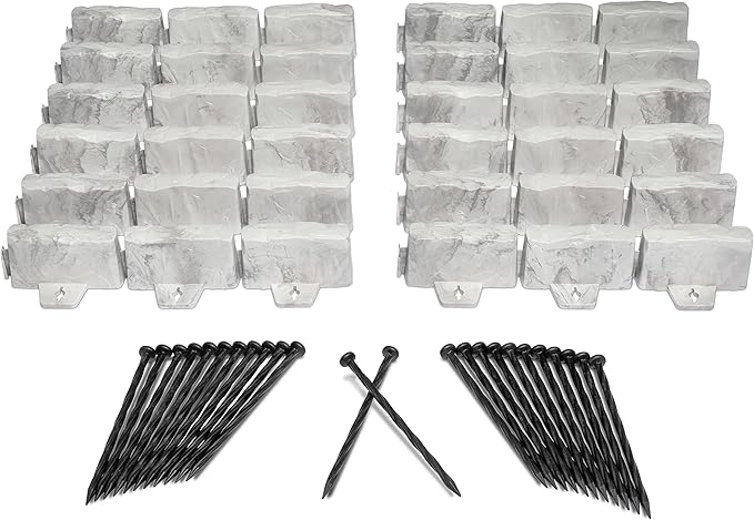 EasyFlex No-Dig Landscape Edging with Anchoring Spikes, 2.7 in. Tall Decorative Stone-Look Garden Border, 15 Foot Kit, Light Gray (3602G-15C)